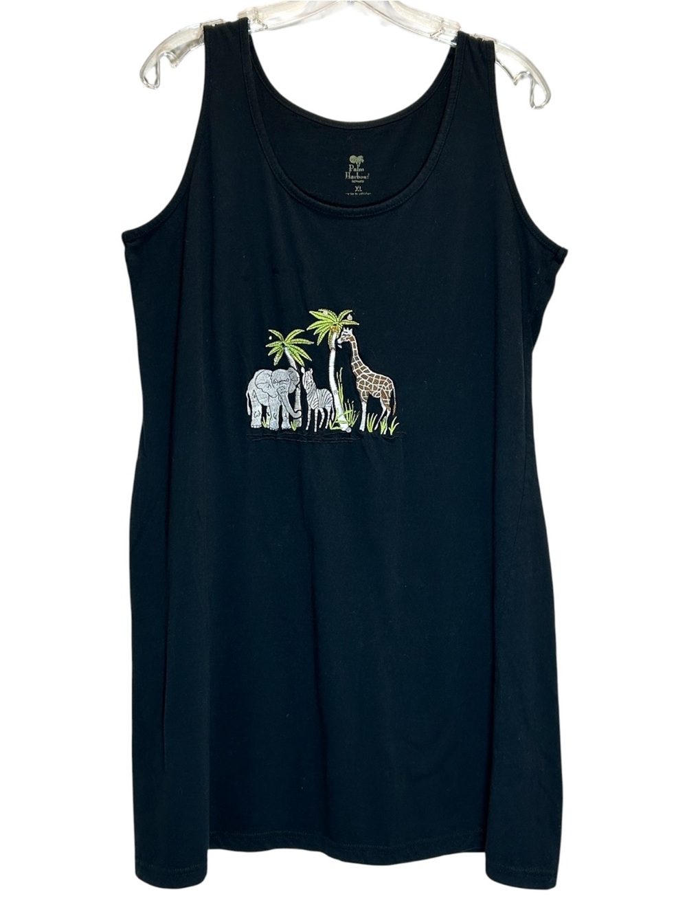 Palm Harbor Intimates Black Tank Dress w/ Embroidered Jungle Scene - Extra Large